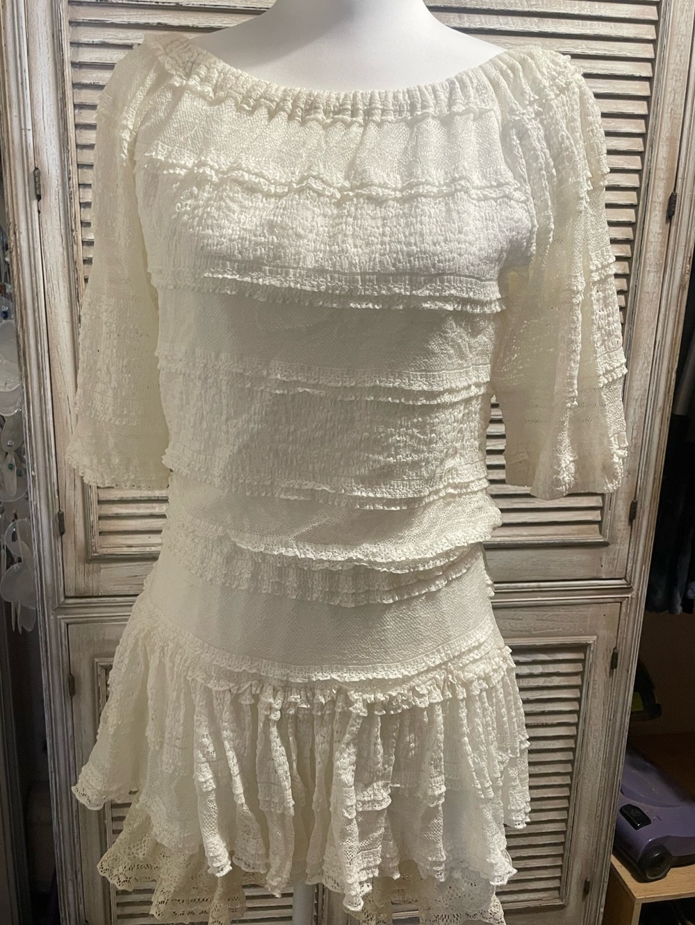SOLD GB Women's Off-Shoulder Tiered Lace Dress western short Summer Boho Xs - Picture 2 of 9